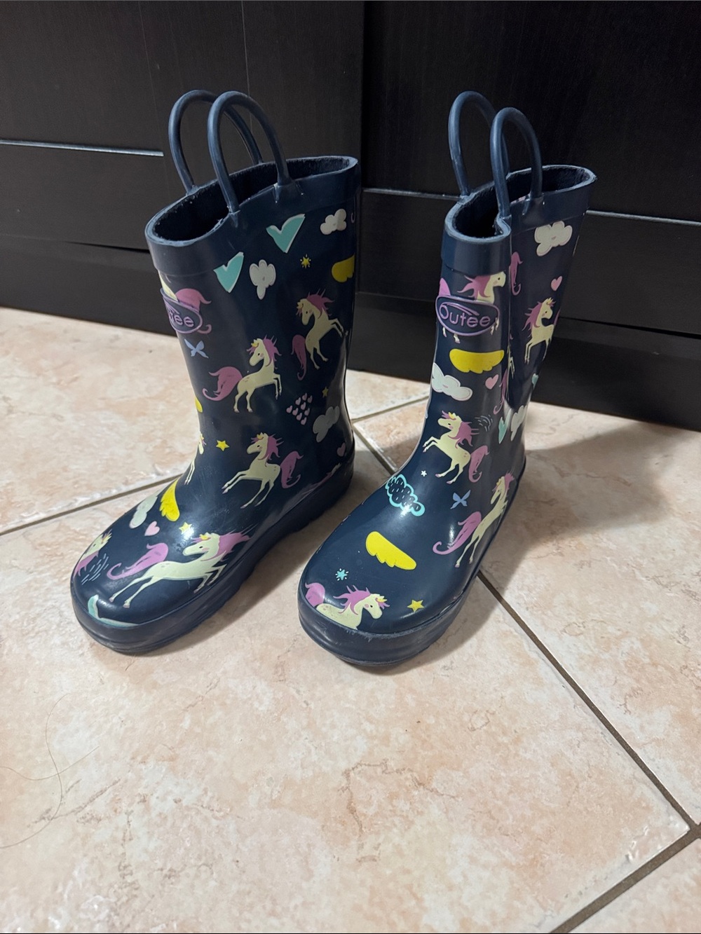 Navy Unicorn Rain Boots for Kids with Pink and Yellow Accents